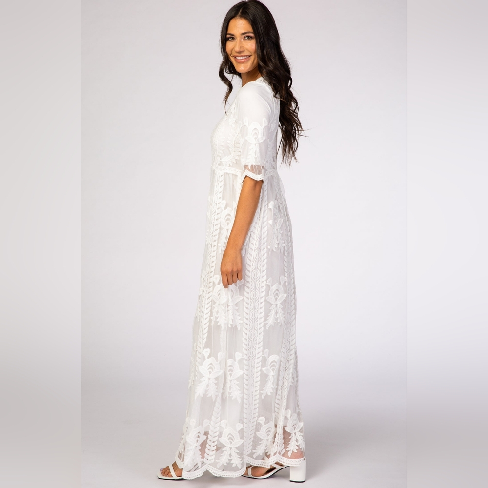 Tea n Rose White Crochet Overlay Maxi Dress Women's S/M Bridal Photoshoot Boho - Picture 2 of 15